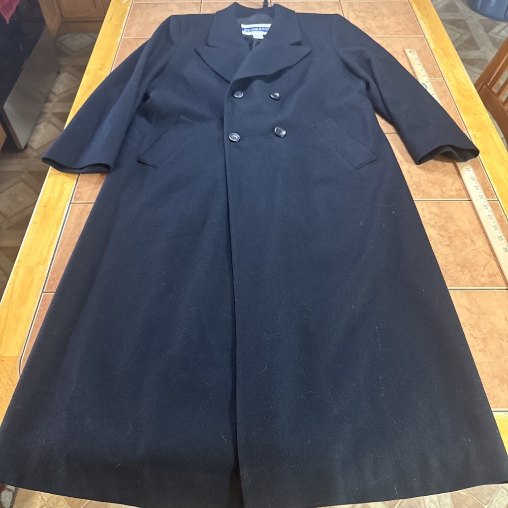 Vintage Pendleton Black 100% Virgin Wool Double Breasted Long Trench Coat Size 8